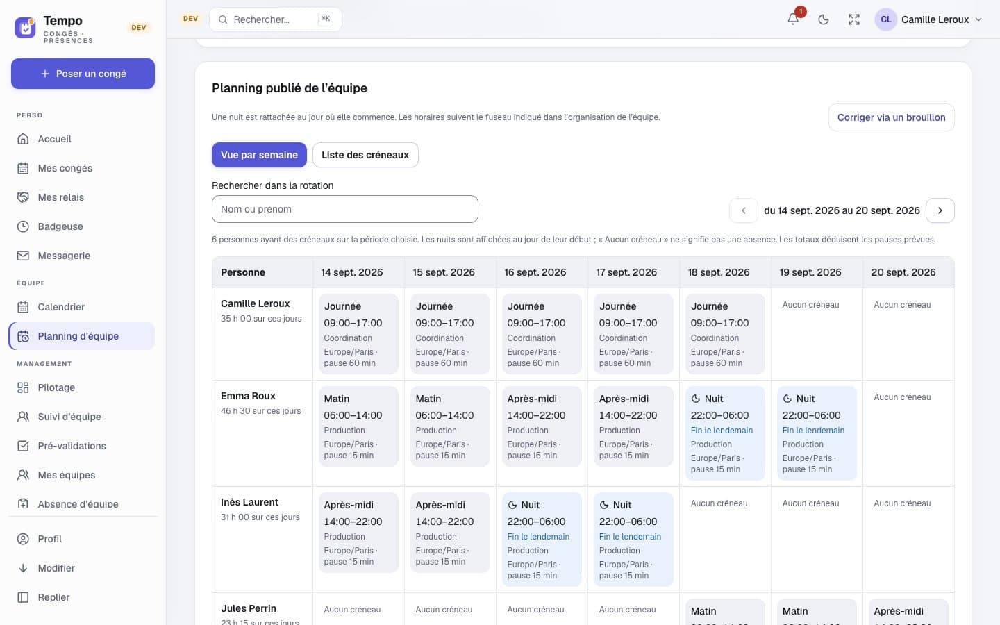 Planning d’équipe Tempo avec plusieurs personnes affectées à des services de matin, d’après-midi et de nuit.