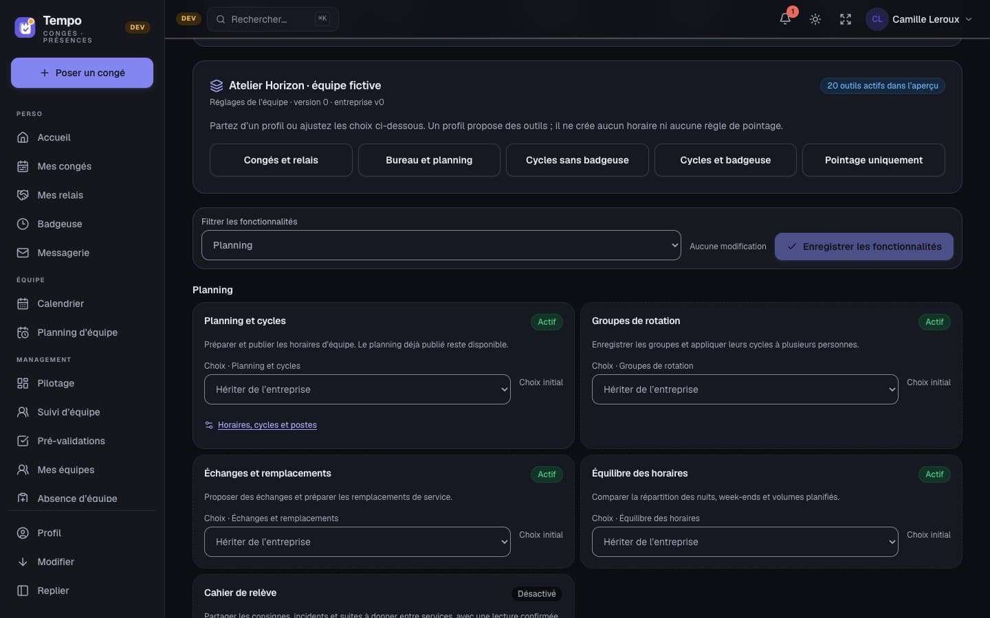 Configuration guidée de Tempo pour choisir les fonctionnalités utilisées par une équipe.