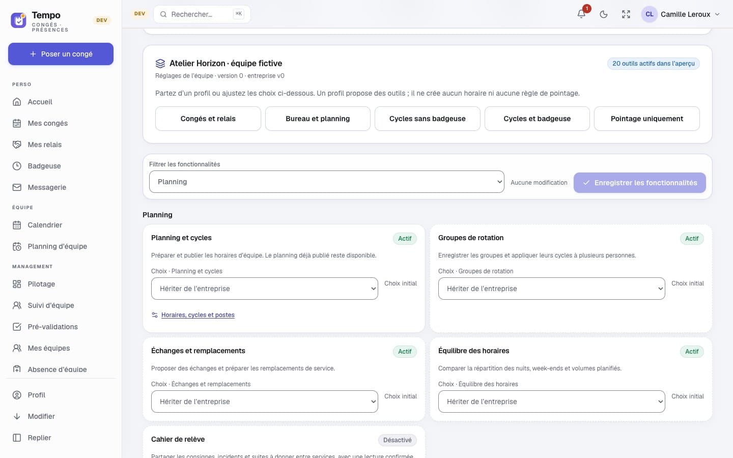Configuration guidée de Tempo pour choisir les fonctionnalités utilisées par une équipe.